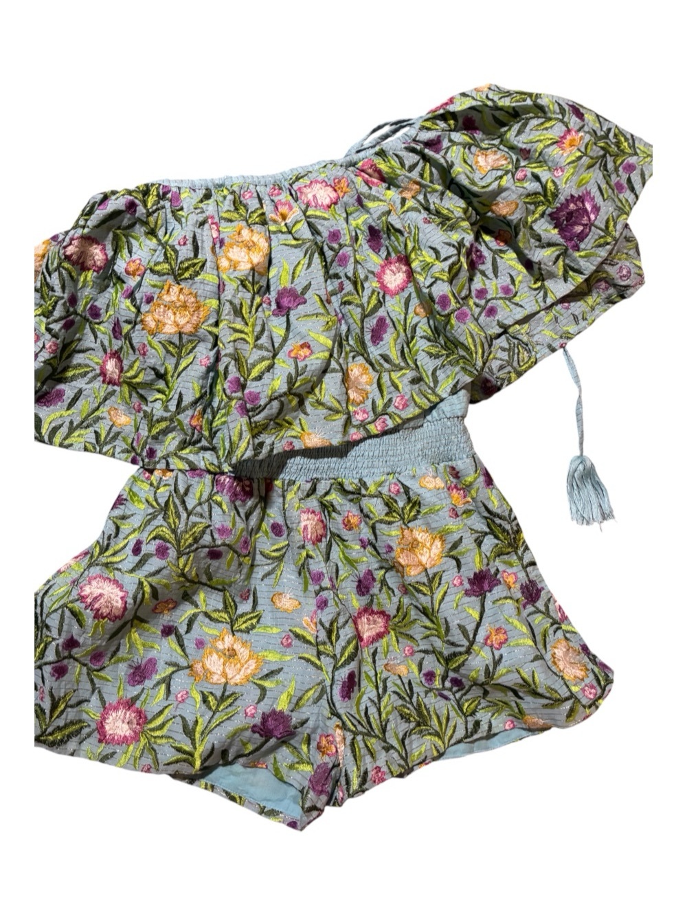 Là Fuori x Anthropologie Embroidered Floral One Shoulder Romper